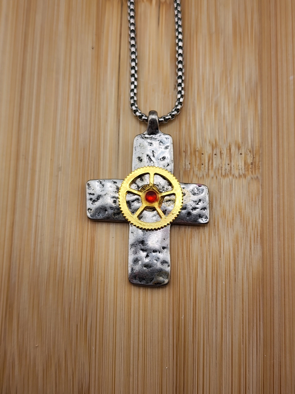 18in Adjustable Silver Tone Cross Necklace with Gold Gear Accent - steampunk